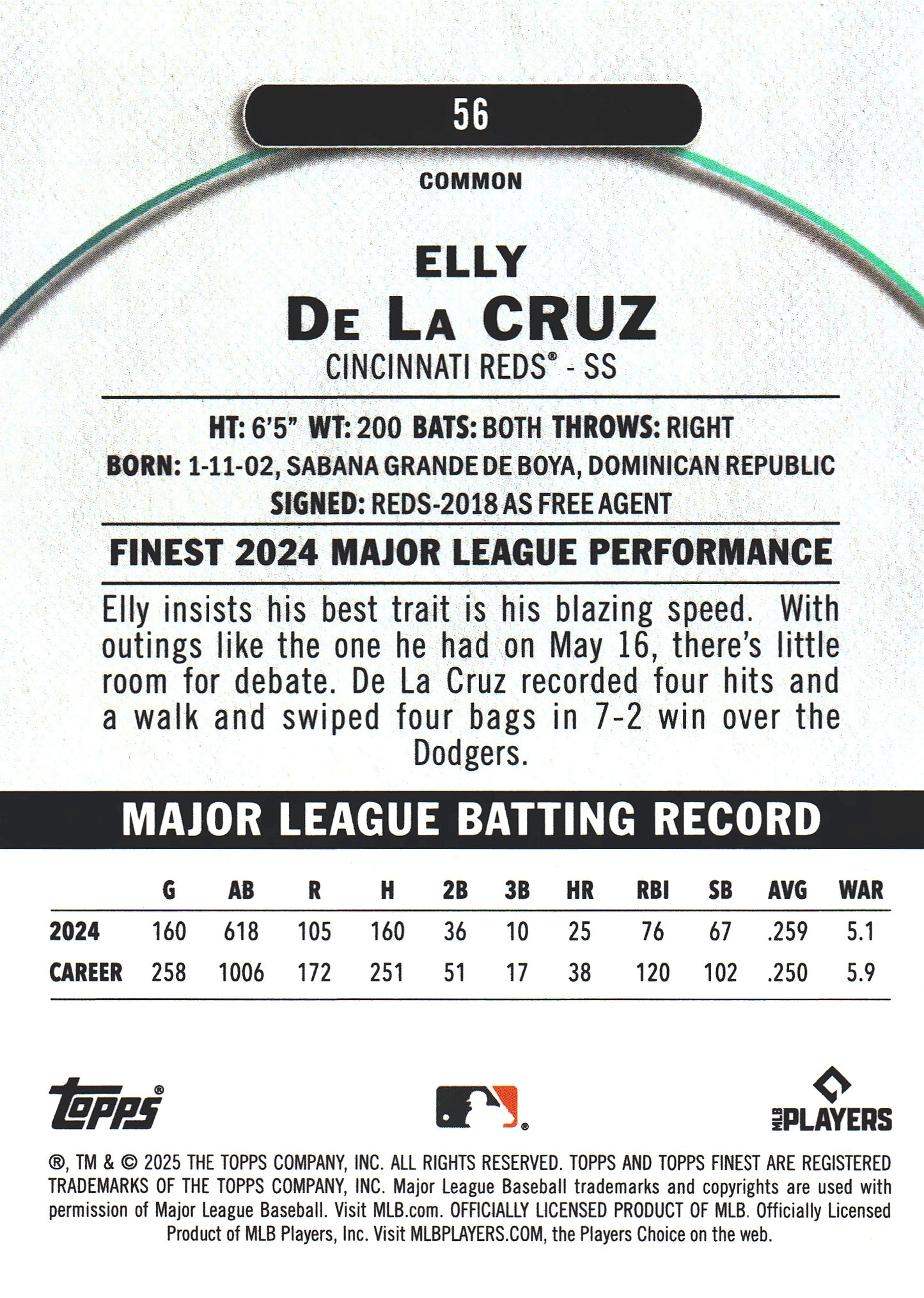2025 Topps Finest Pink /350 Elly De La Cruz #56 Cincinnati Reds