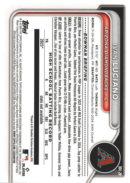 2024 Topps Bowman Chrome Green Grass /99 Ivan Luciano #BDC-29 Arizona Diamondbacks