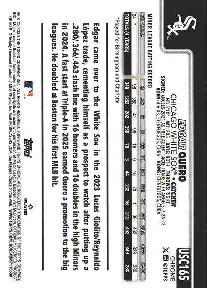 2025 Topps Chrome Aqua /199 Edgar Quero RC #US165 Chicago White Sox
