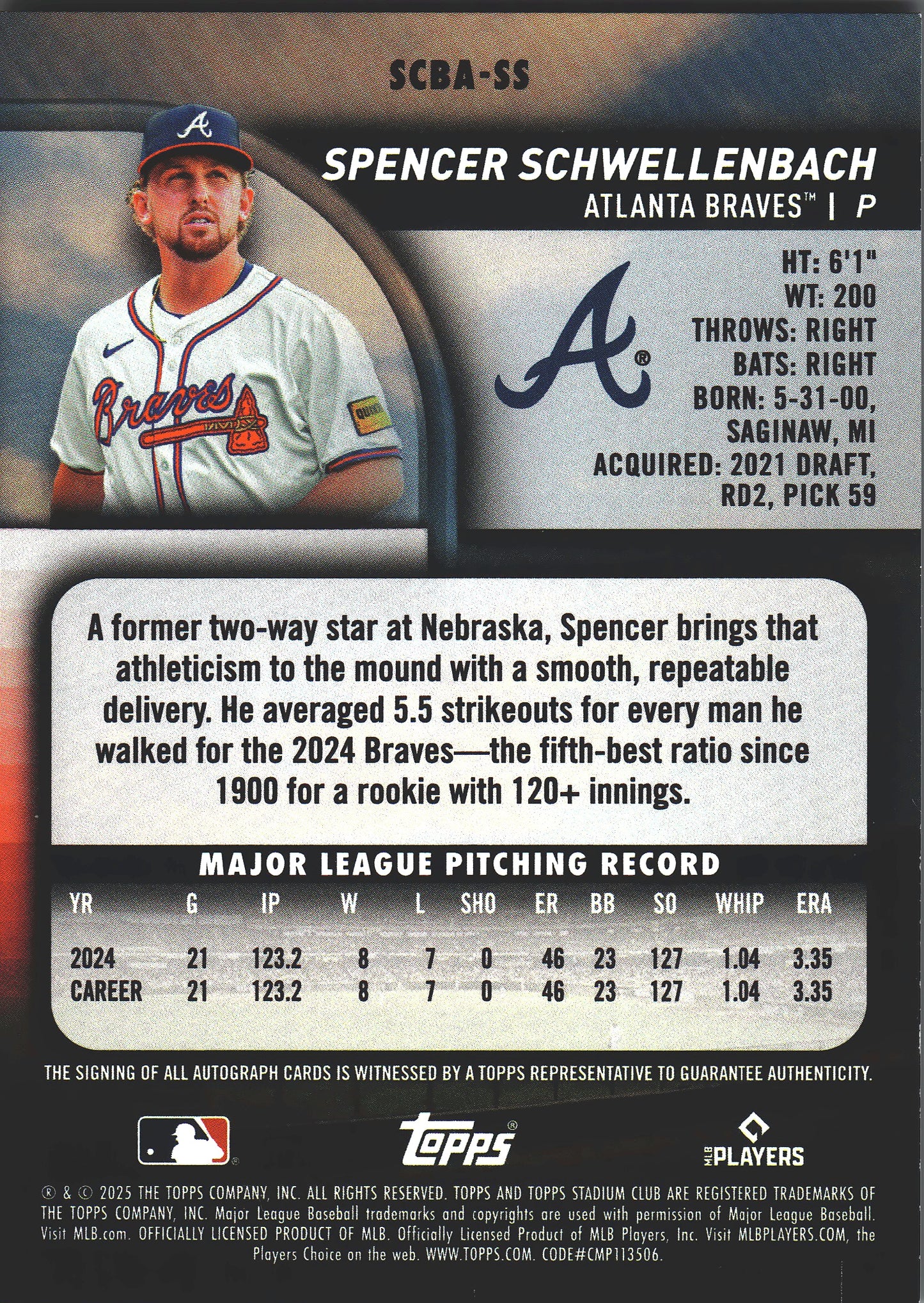 2025 Topps Stadium Club Autograph RC Spencer Schwellenbach #SCBA-SS Atlanta Braves