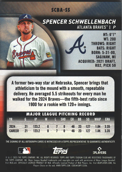 2025 Topps Stadium Club Autograph RC Spencer Schwellenbach #SCBA-SS Atlanta Braves