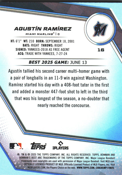 2025 Topps Bowman Best Sparkle /299 Agustin Ramirez RC #16 Miami Marlins