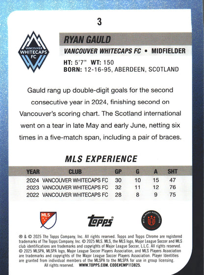 2025 Topps Chrome MLS Prism Refractor Ryan Gauld #3 Vancouver Whitecaps FC