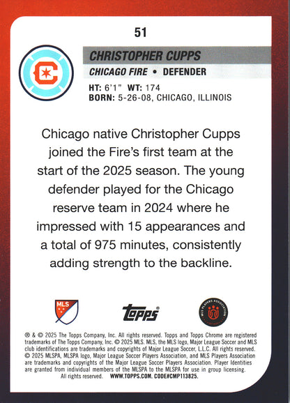 2025 Topps Chrome MLS Prism Refractor Christopher Cupps #51 Chicago Fire
