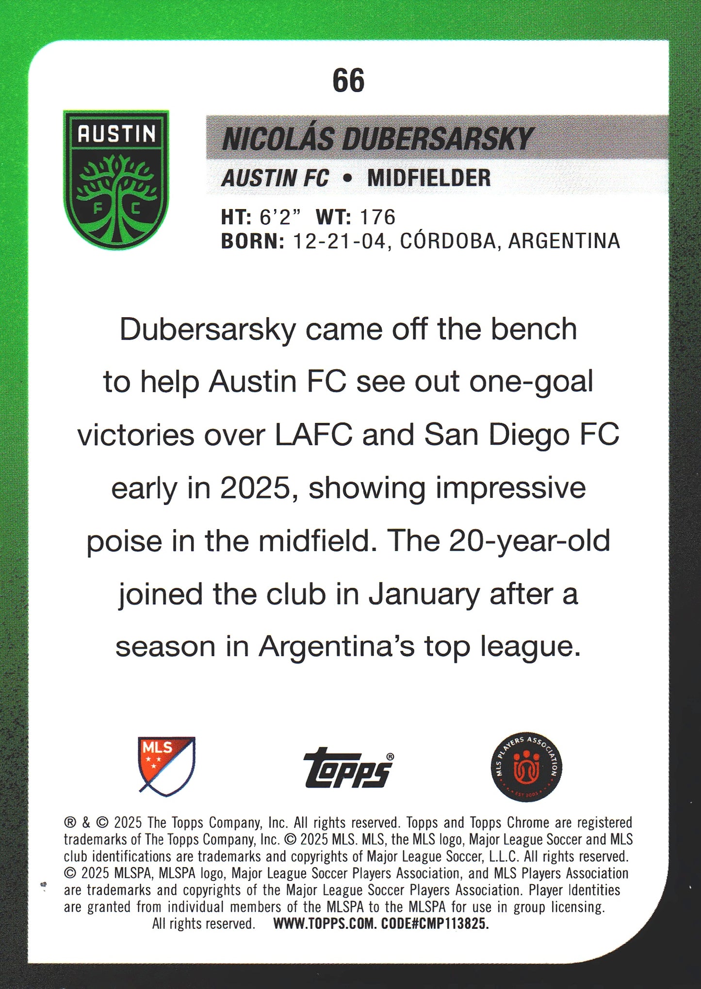2025 Topps Chrome MLS Prism Refractor Nicolas Dubersarsky #66 Austin FC