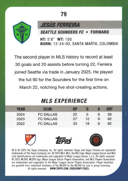 2025 Topps Chrome MLS Prism Refractor Jesus Ferreira #79 Seattle Sounders FC