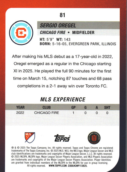 2025 Topps Chrome MLS Prism Refractor Sergio Oregel #81 Chicago Fire