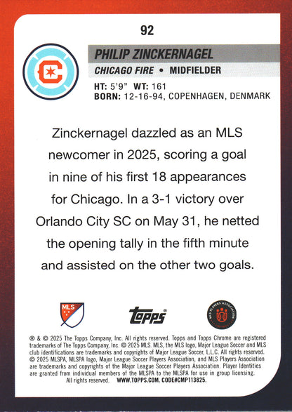2025 Topps Chrome MLS Prism Refractor Philip Zinckernagel #92 Chicago Fire