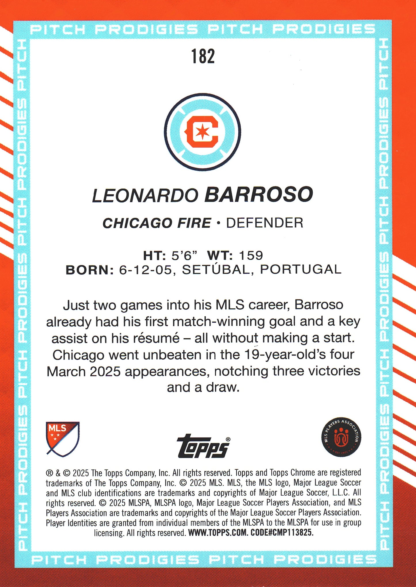 2025 Topps Chrome MLS Pitch Prodigies Prism Refractor Leonardo Barroso #182 Chicago Fire