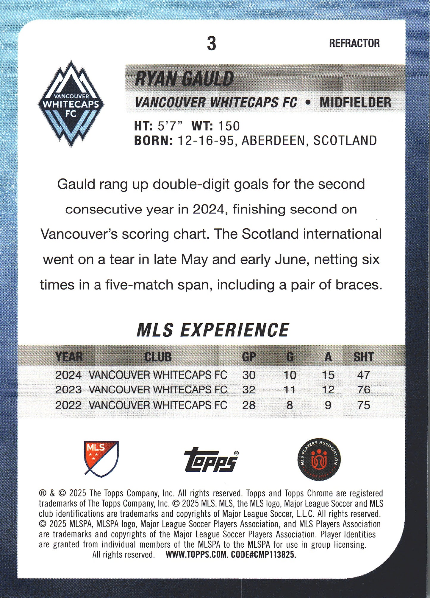 2025 Topps Chrome MLS Refractor Ryan Gauld #3 Vancouver Whitecaps FC