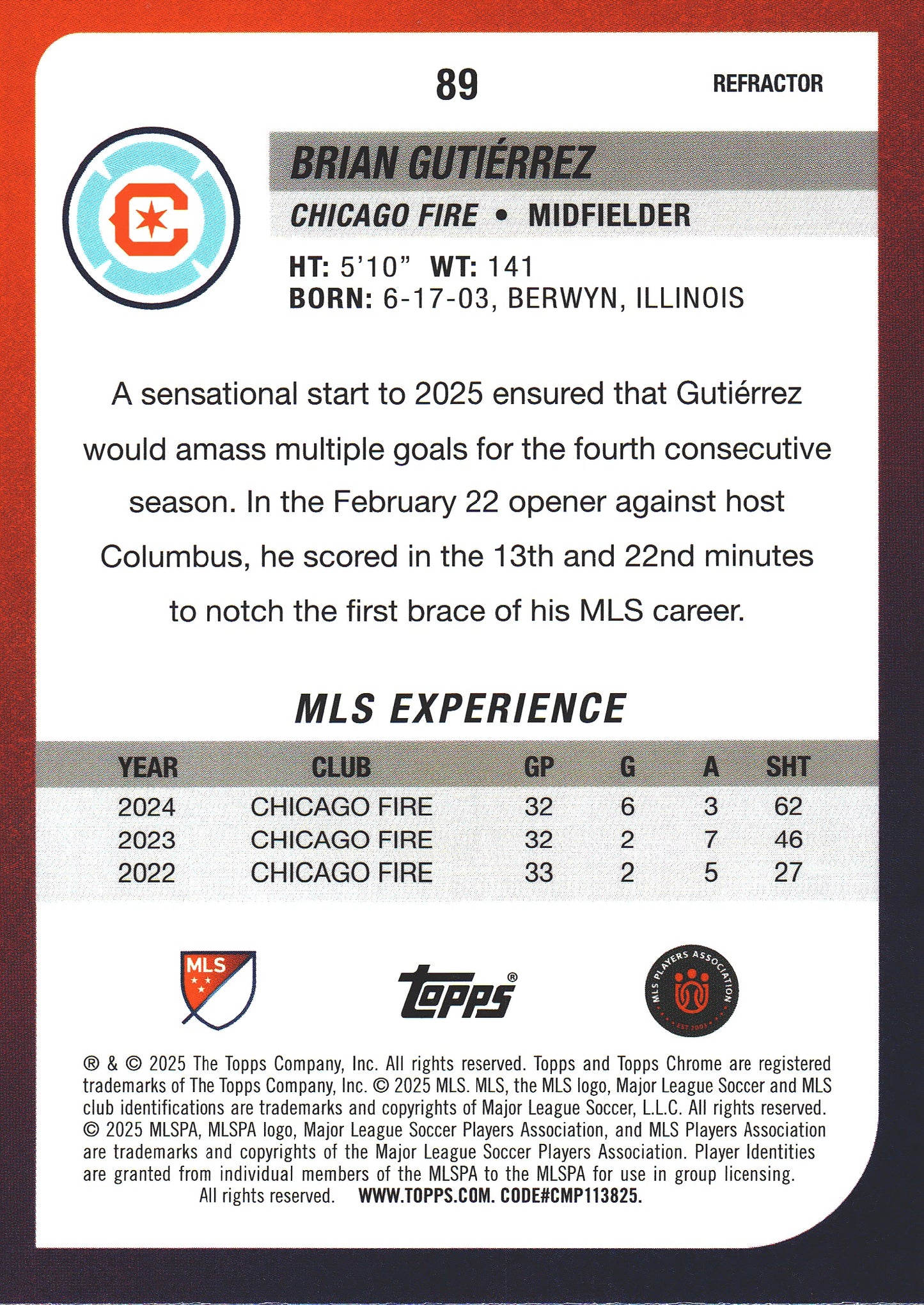 2025 Topps Chrome MLS Refractor Brian Gutierrez #89 Chicago Fire