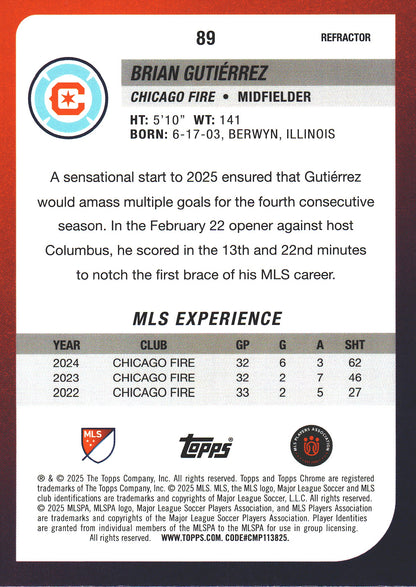2025 Topps Chrome MLS Refractor Brian Gutierrez #89 Chicago Fire
