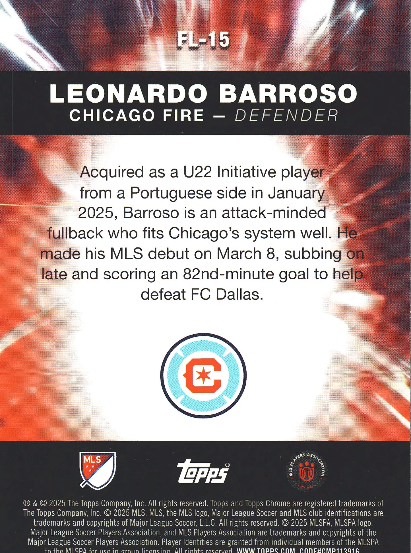 2025 Topps Chrome MLS Fast Lane Leonardo Barroso #FL-15 Chicago Fire