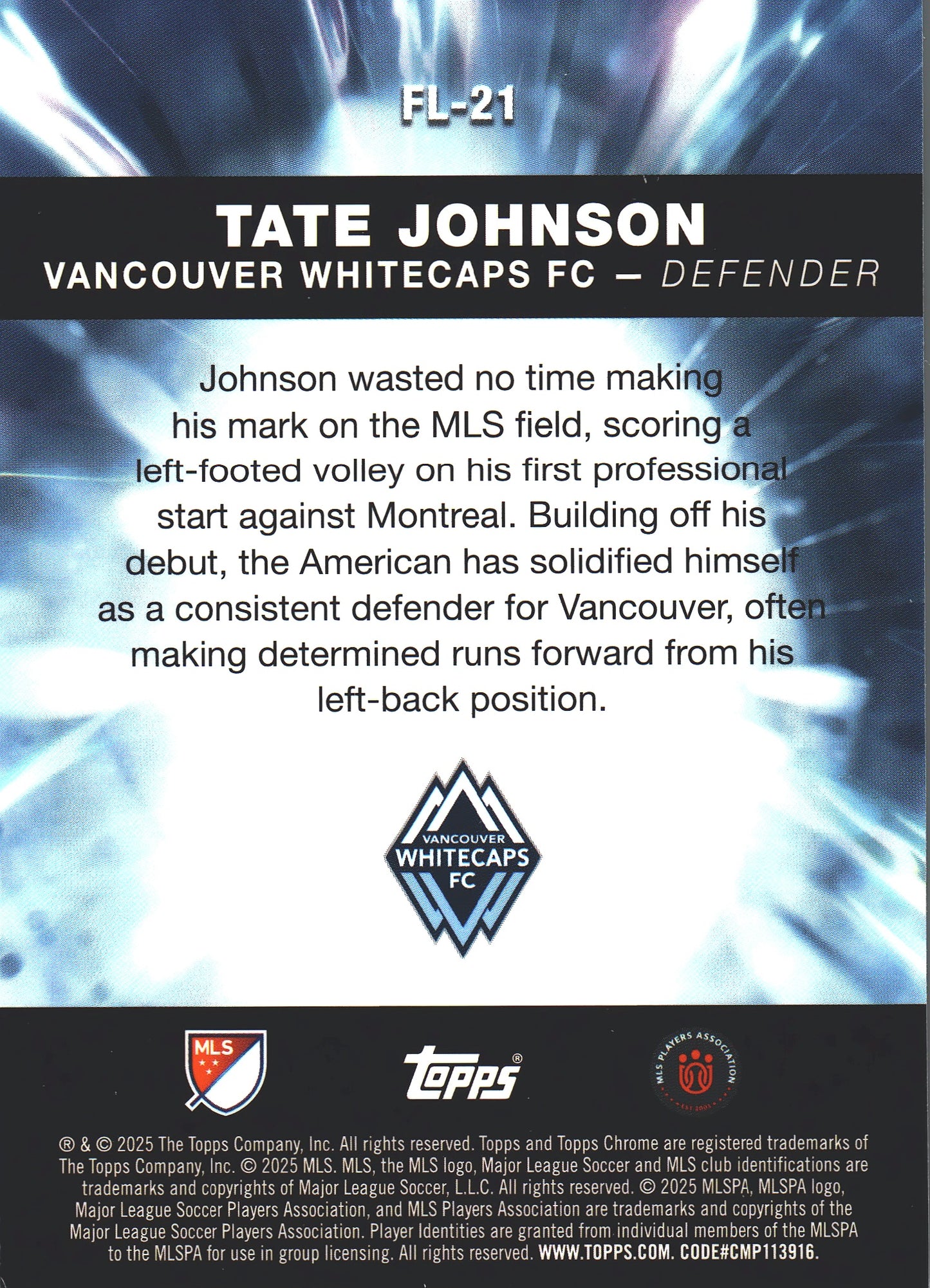 2025 Topps Chrome MLS Fast Lane Tate Johnson #FL-21 Vancouver Whitecaps FC