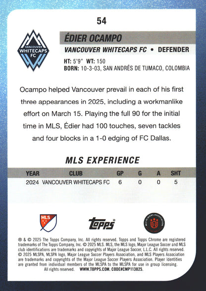 2025 Topps Chrome MLS Aqua /199 Edier Ocampo #54 Vancouver Whitecaps FC