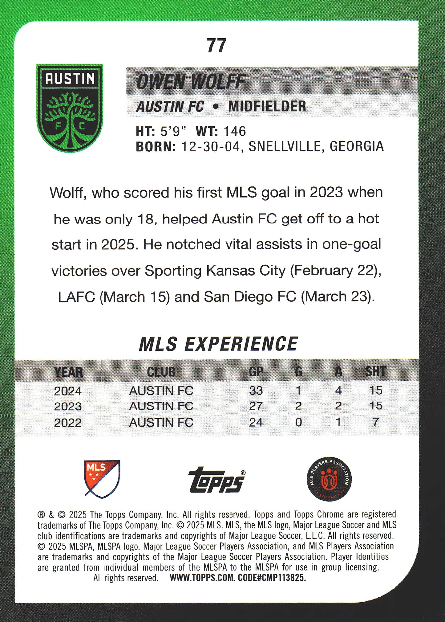 2025 Topps Chrome MLS Aqua /199 Owen Wolff #77 Austin FC
