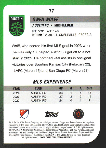 2025 Topps Chrome MLS Aqua /199 Owen Wolff #77 Austin FC