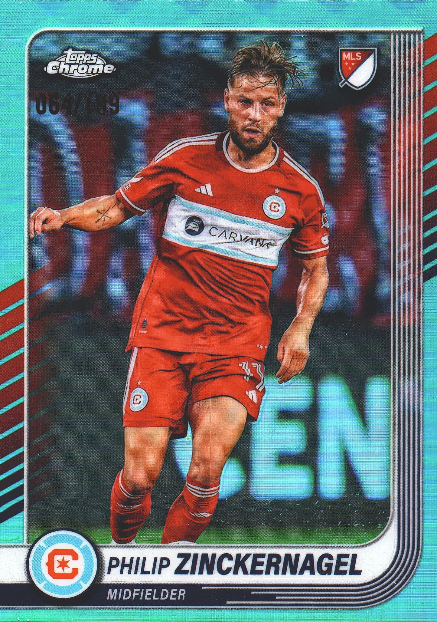 2025 Topps Chrome MLS Aqua /199 Philip Zinckernagel #92 Chicago Fire