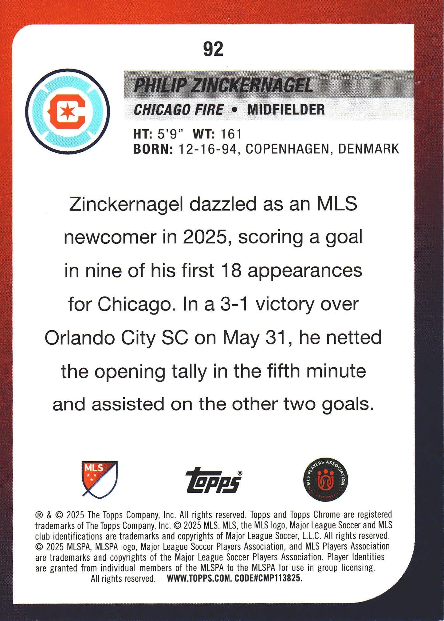 2025 Topps Chrome MLS Aqua /199 Philip Zinckernagel #92 Chicago Fire