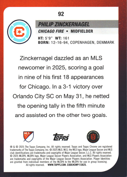 2025 Topps Chrome MLS Aqua /199 Philip Zinckernagel #92 Chicago Fire