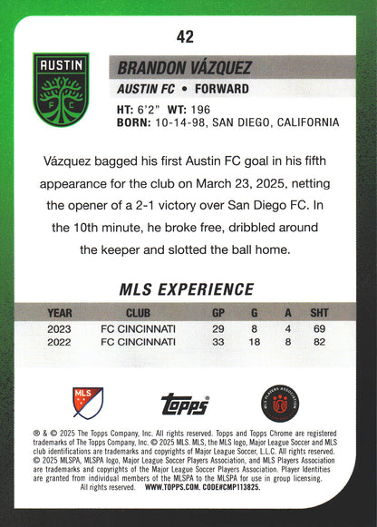 2025 Topps Chrome MLS Green /99 Brandon Vazquez #42 Austin FC