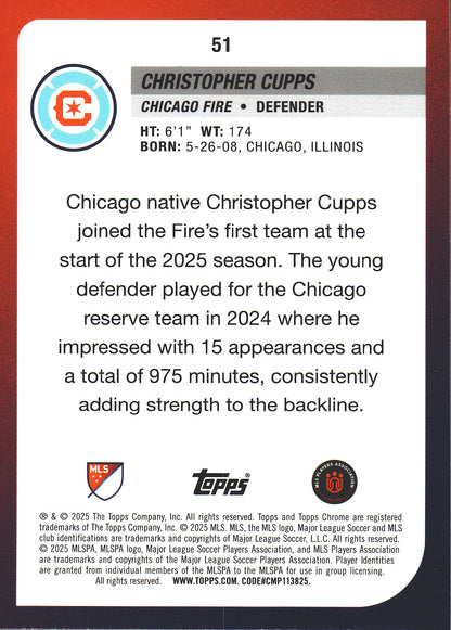 2025 Topps Chrome MLS Green /99 Christopher Cupps #51 Chicago Fire