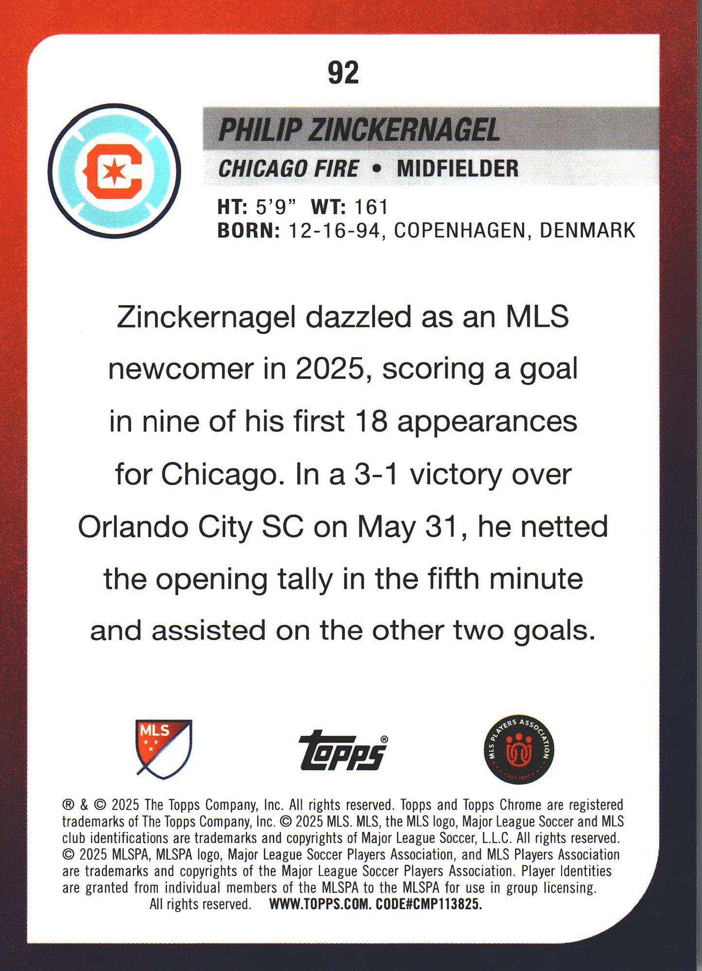 2025 Topps Chrome MLS Gold /50 Philip Zinckernagel #92 Chicago Fire