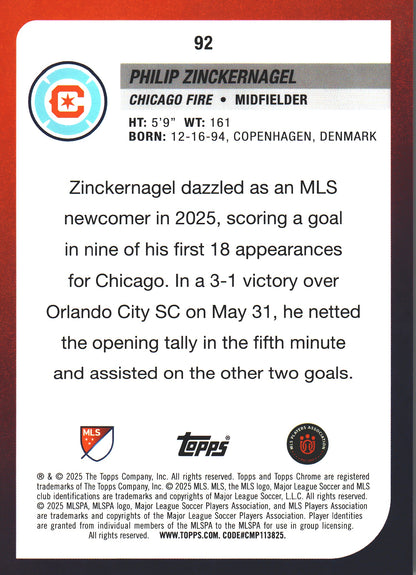 2025 Topps Chrome MLS Gold /50 Philip Zinckernagel #92 Chicago Fire