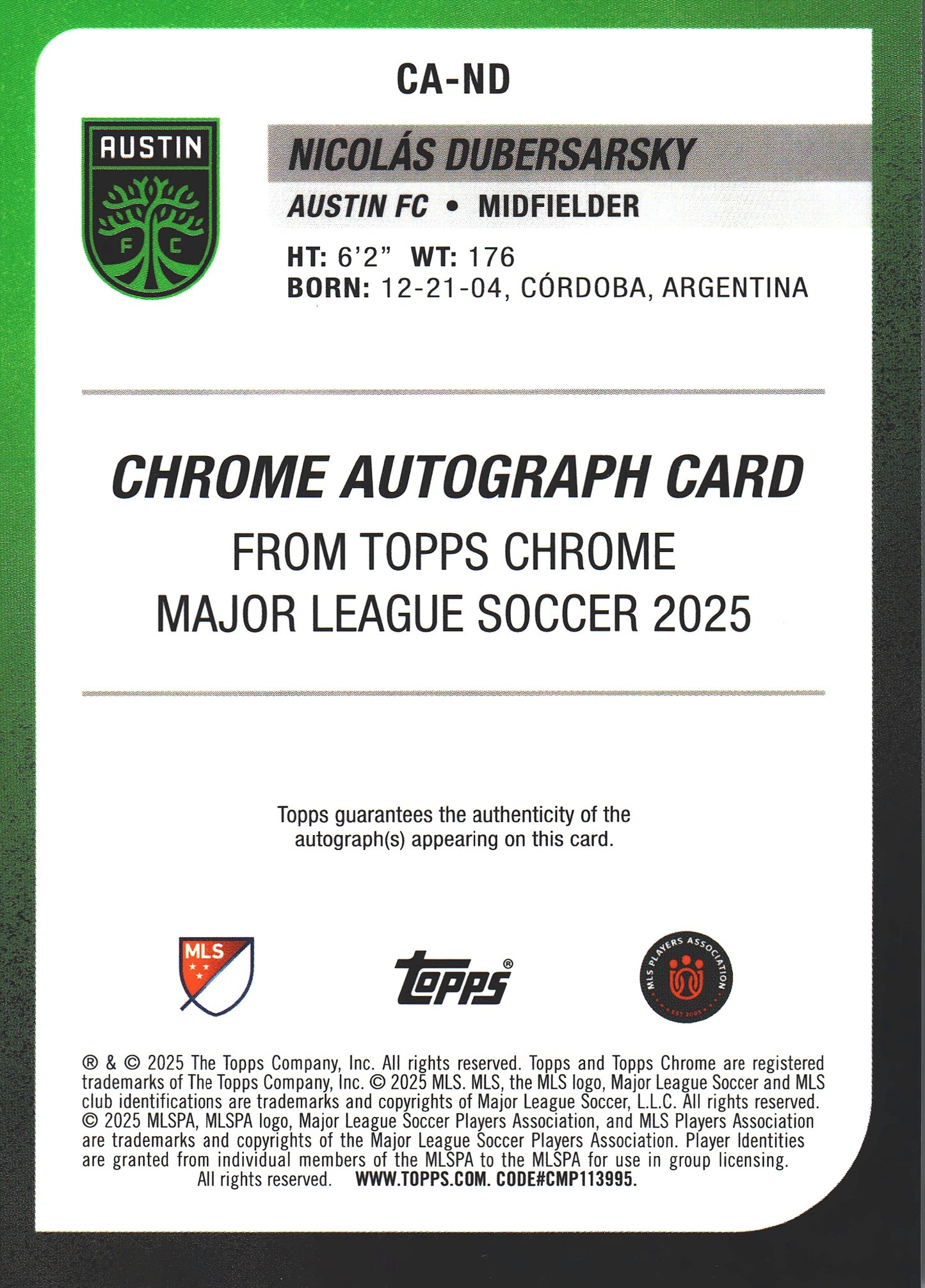 2025 Topps Chrome MLS Purple Autograph /75 Nicolas Dubersarsky #CA-ND Austin FC