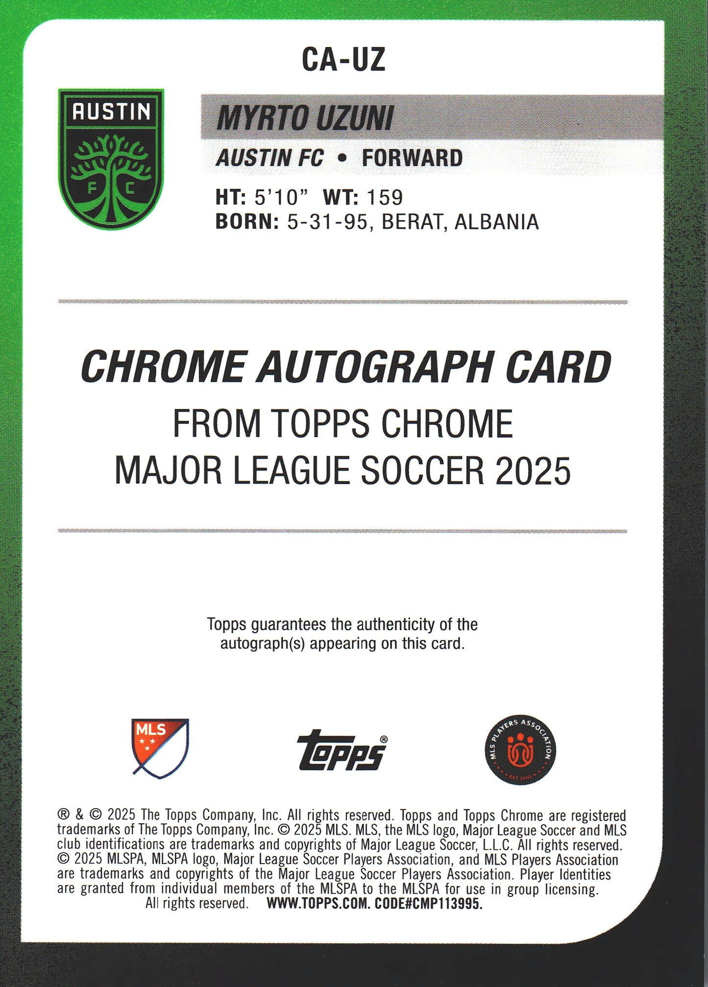 2025 Topps Chrome MLS Purple Autograph /75 Myrto Uzuni #CA-UZ Austin FC