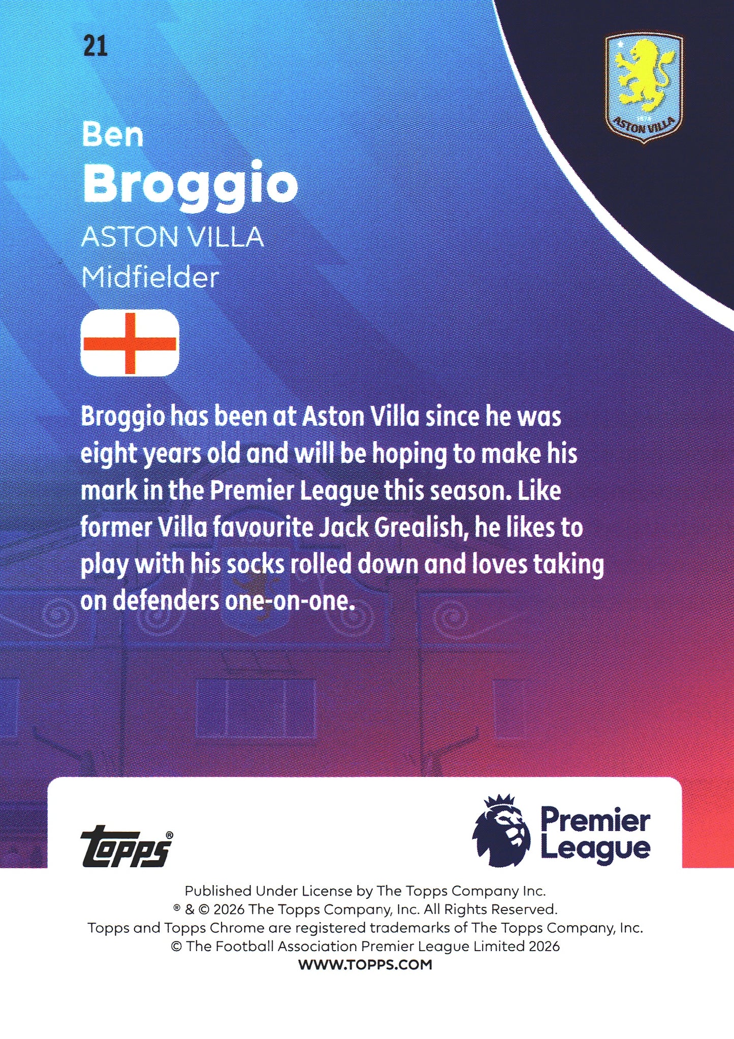 2025 Topps Chrome PL Prism Ben Broggio RC #21 Aston Villa
