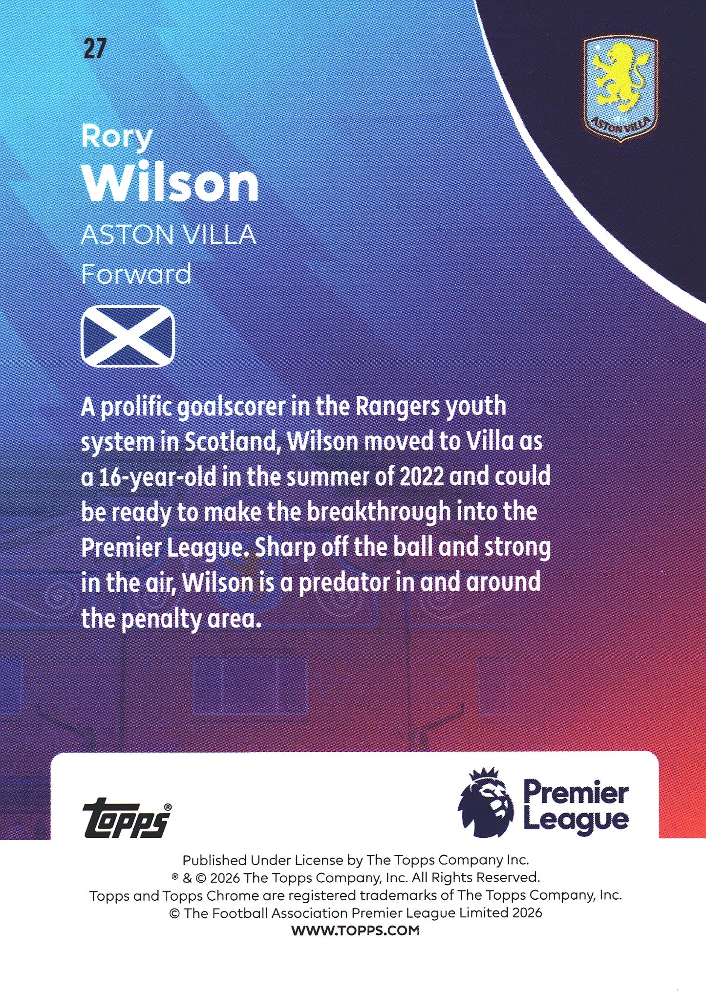 2025 Topps Chrome PL Prism Rory Wilson RC #27 Aston Villa
