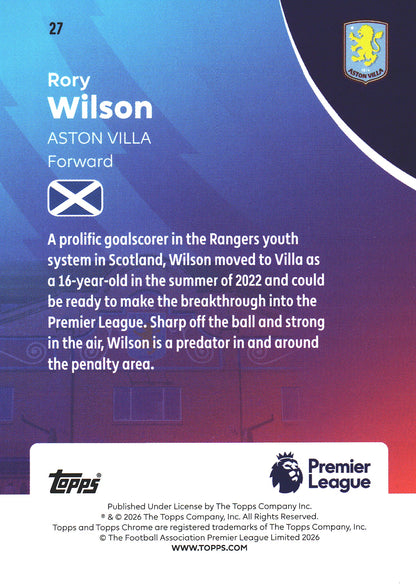 2025 Topps Chrome PL Prism Rory Wilson RC #27 Aston Villa