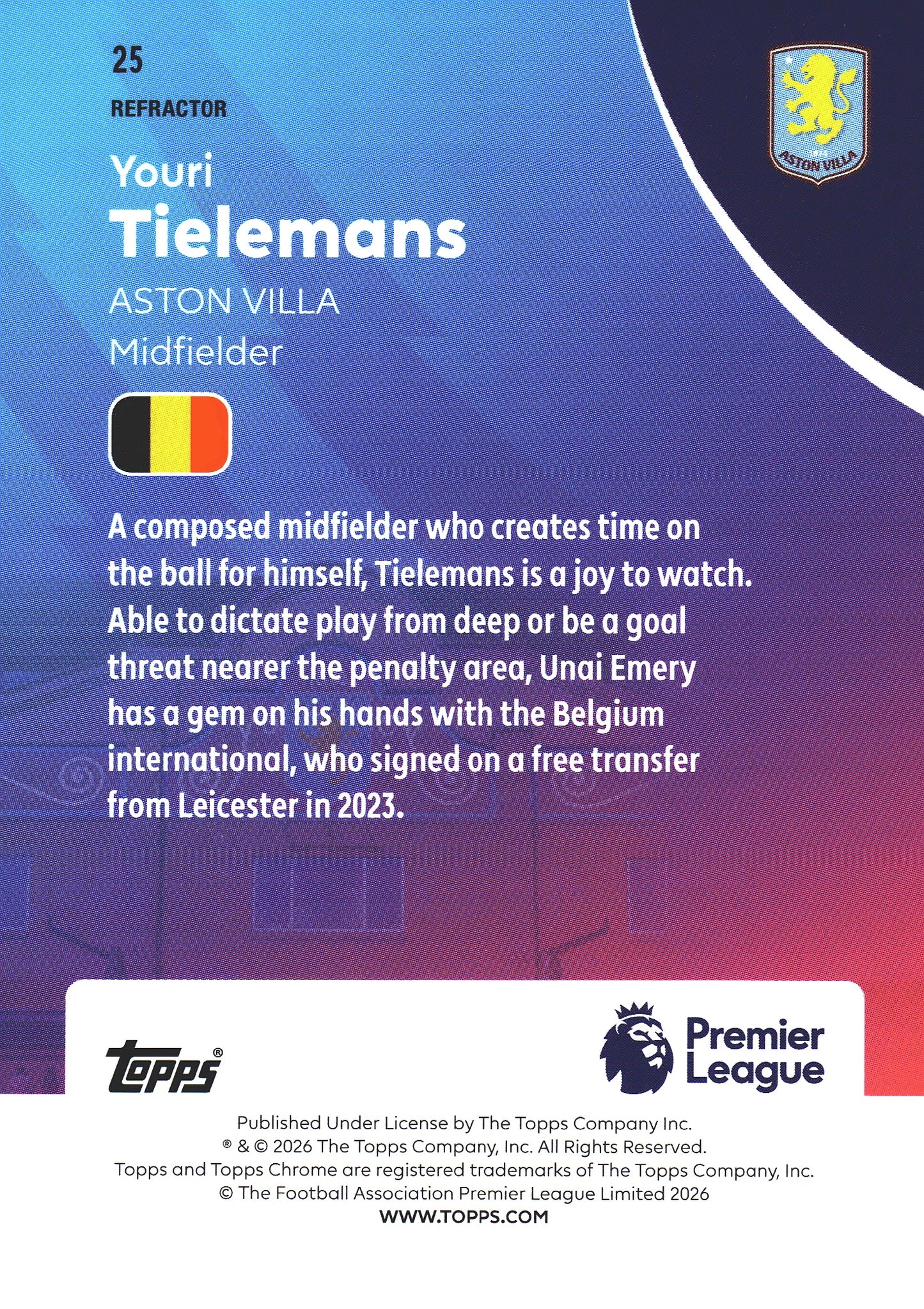 2025 Topps Chrome PL Refractor Youri Tielemans #25 Aston Villa