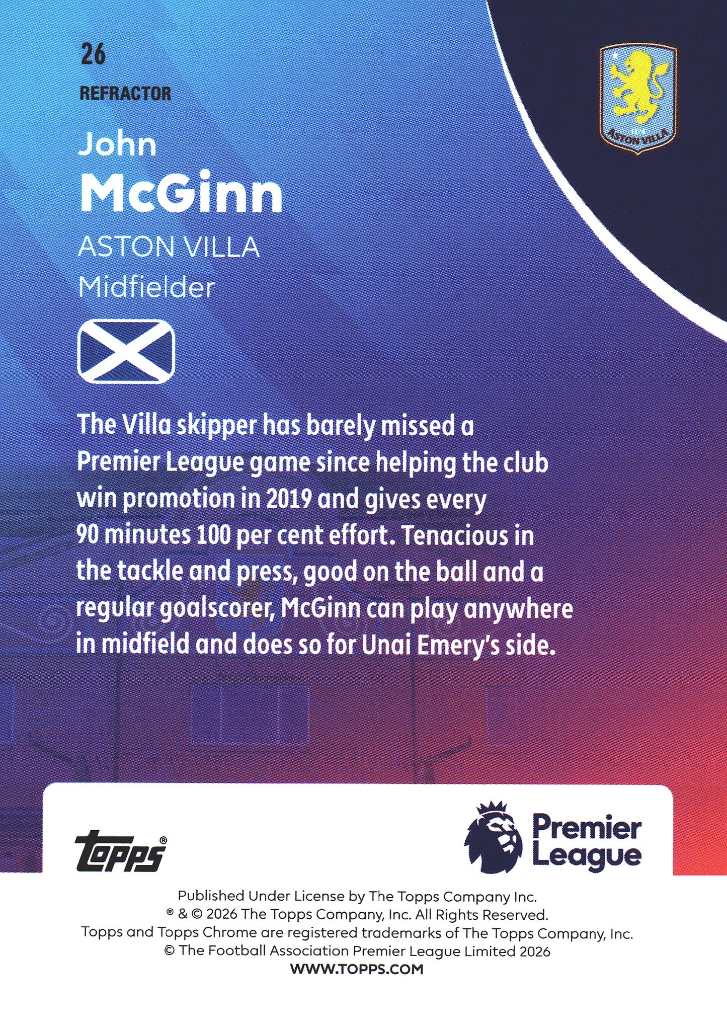 2025 Topps Chrome PL Refractor John McGinn #26 Aston Villa