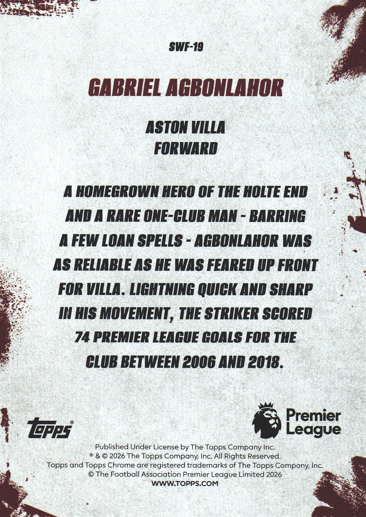 2025 Topps Chrome PL The Streets Won't Forget Gabriel Agbonlahor #SWF-19 Aston Villa