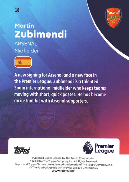 2025 Topps Chrome PL Purple Raywave /75 Martin Zubimendi #18 Arsenal