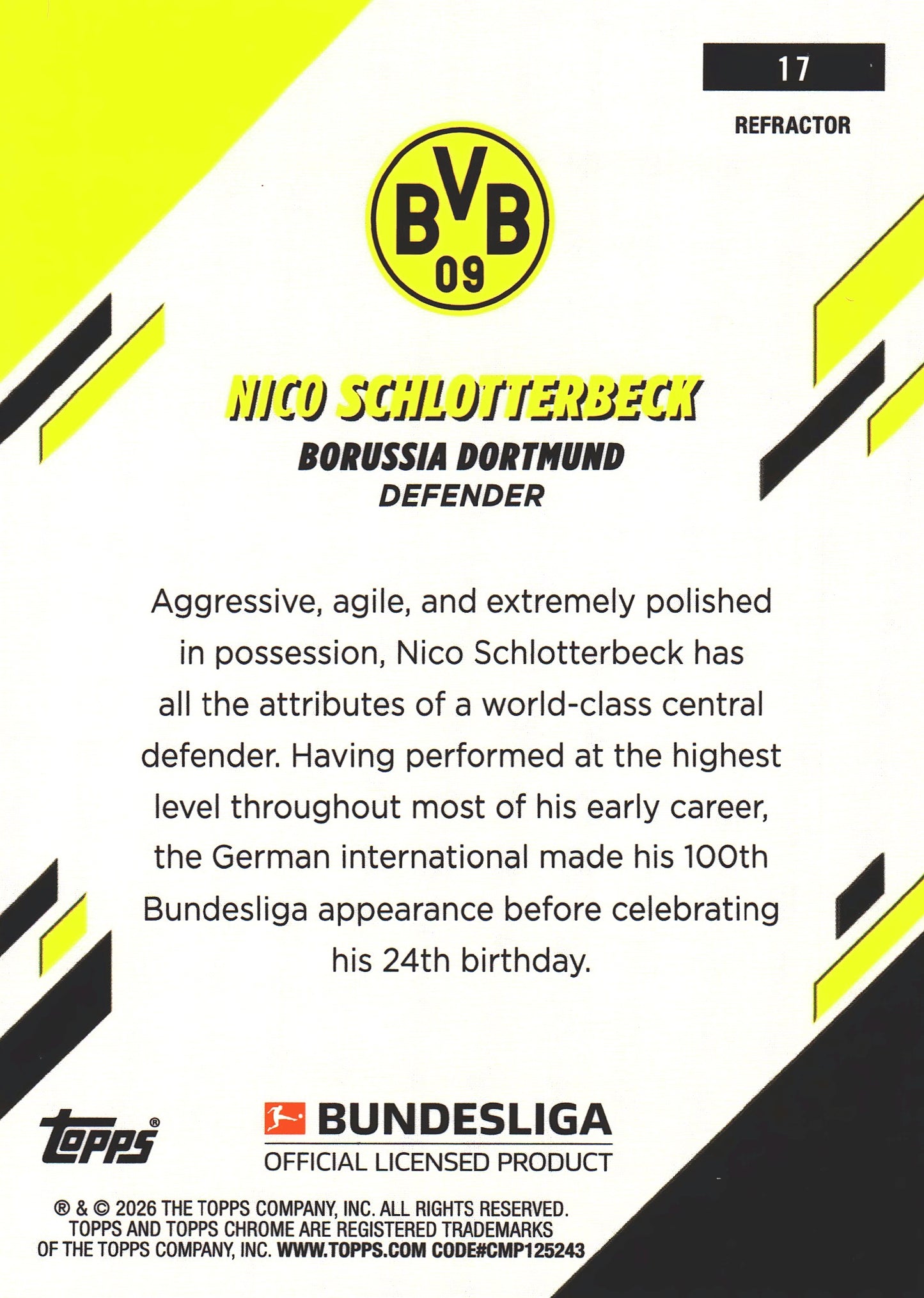 2025 Topps Chrome Bundesliga Refractor Nico Schlotterbeck #17 Borussia Dortmund
