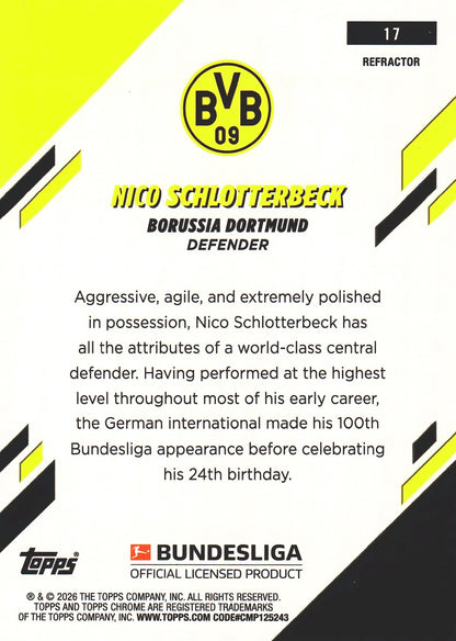 2025 Topps Chrome Bundesliga Refractor Nico Schlotterbeck #17 Borussia Dortmund