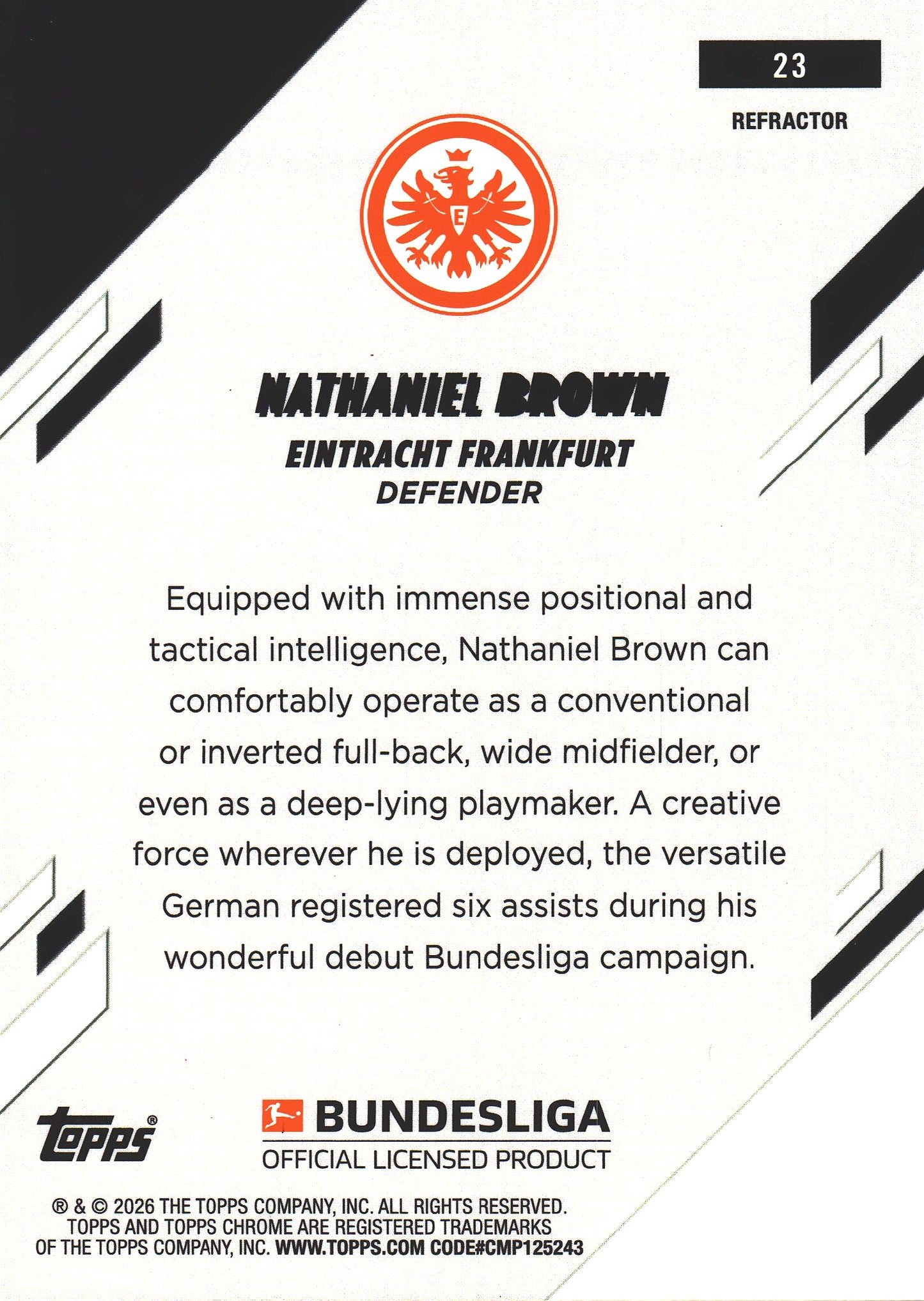 2025 Topps Chrome Bundesliga Refractor Nathaniel Brown #23 Eintracht Frankfurt