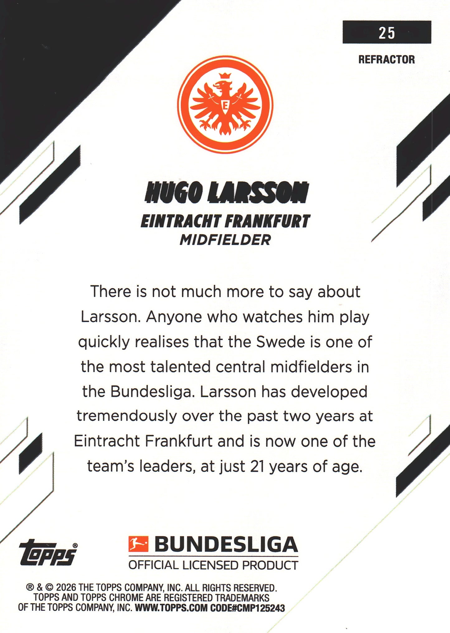 2025 Topps Chrome Bundesliga Refractor Hugo Larsson #25 Eintracht Frankfurt
