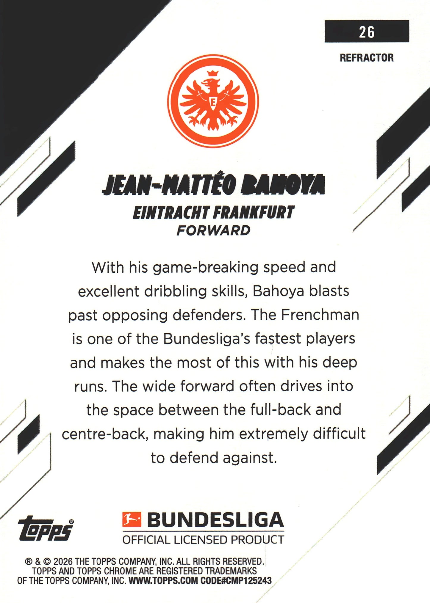 2025 Topps Chrome Bundesliga Refractor Jean-Matteo Bahoya #26 Eintracht Frankfurt