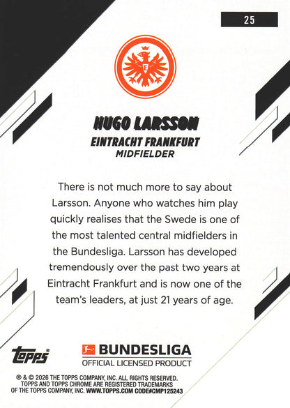 2025 Topps Chrome Bundesliga Aqua /199 Hugo Larsson #25 Eintracht Frankfurt