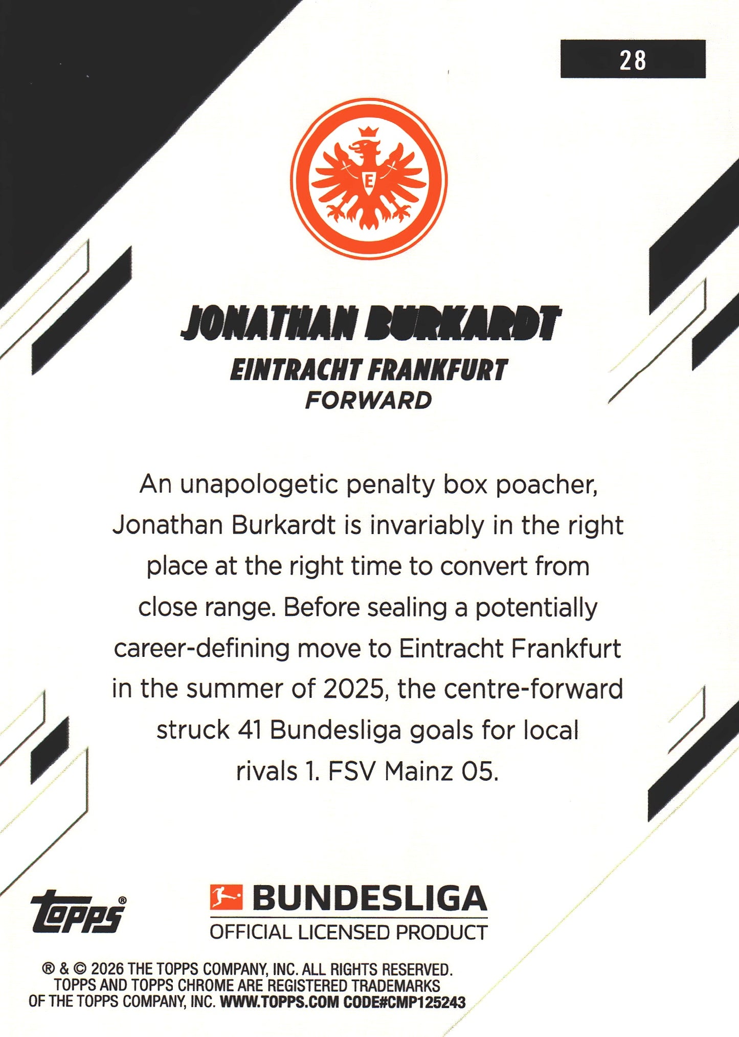 2025 Topps Chrome Bundesliga Green /99 Jonathan Burkardt #28 Eintracht Frankfurt