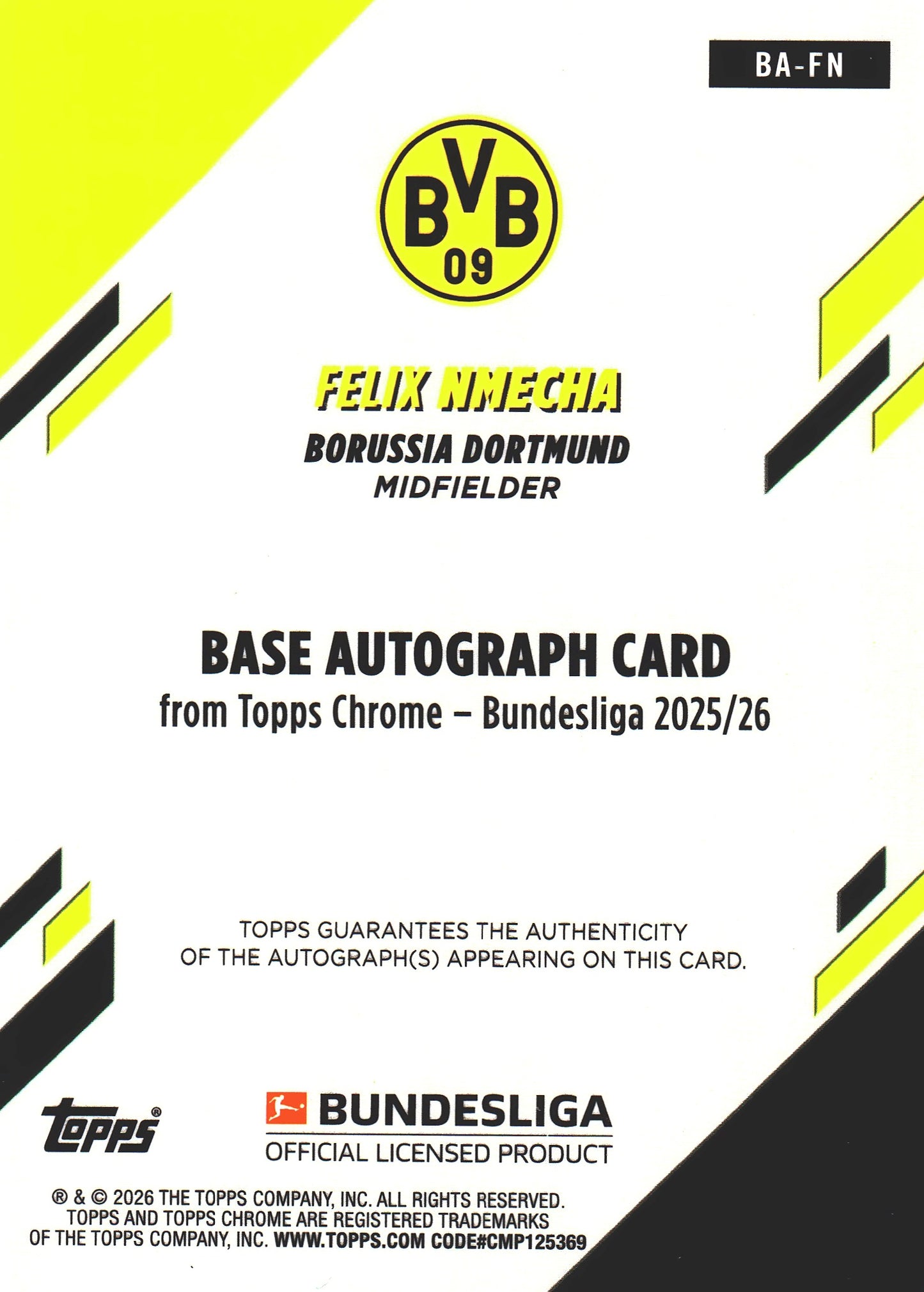 2025 Topps Chrome Bundesliga Purple Autograph /75 Felix Nmecha #BA-FN Borussia Dortmund
