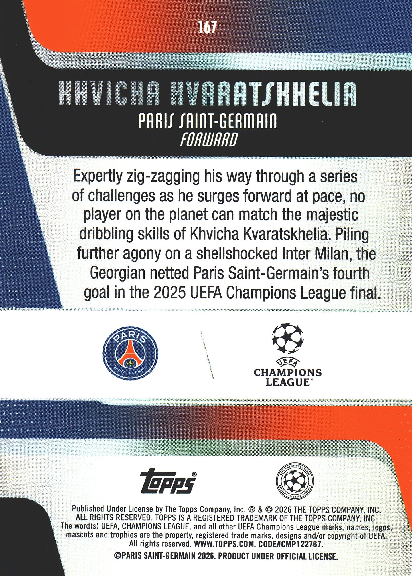 2025 Topps UCC Blue /150 Khvicha Kvaratskhelia #167 Paris Saint-Germain
