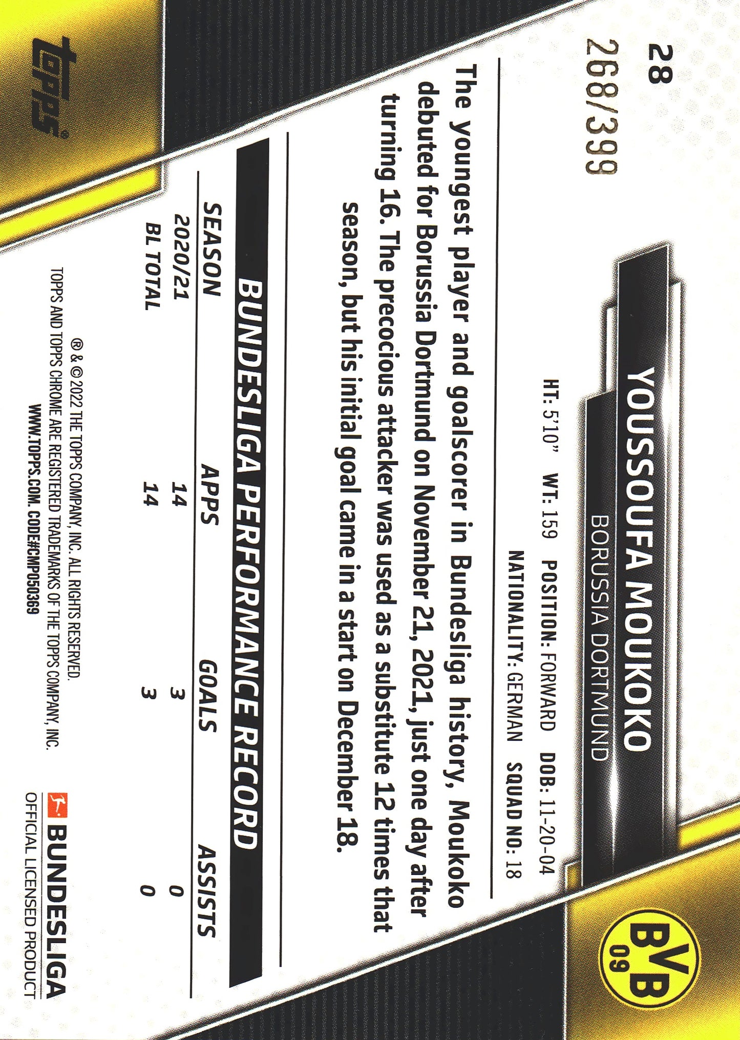 2021 Topps Chrome Bundesliga Magenta Wave /399 Youssoufa Moukoko #28 Borussia Dortmund
