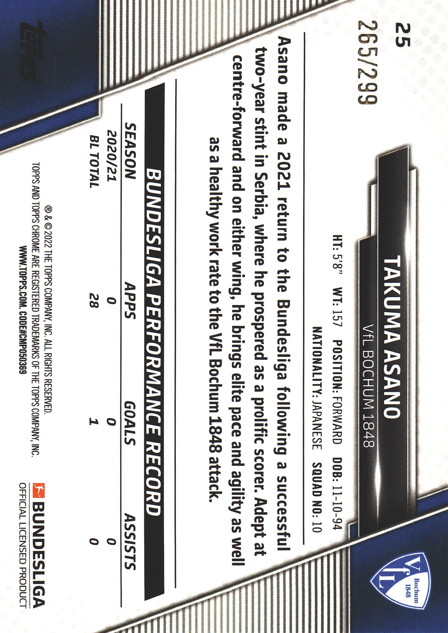 2021 Topps Chrome Bundesliga Purple /299 Takuma Asano #25 VfL Bochum 1848