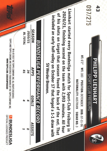 2021 Topps Chrome Bundesliga Aqua /275 Philipp Lienhart RC #43 SC Freiburg