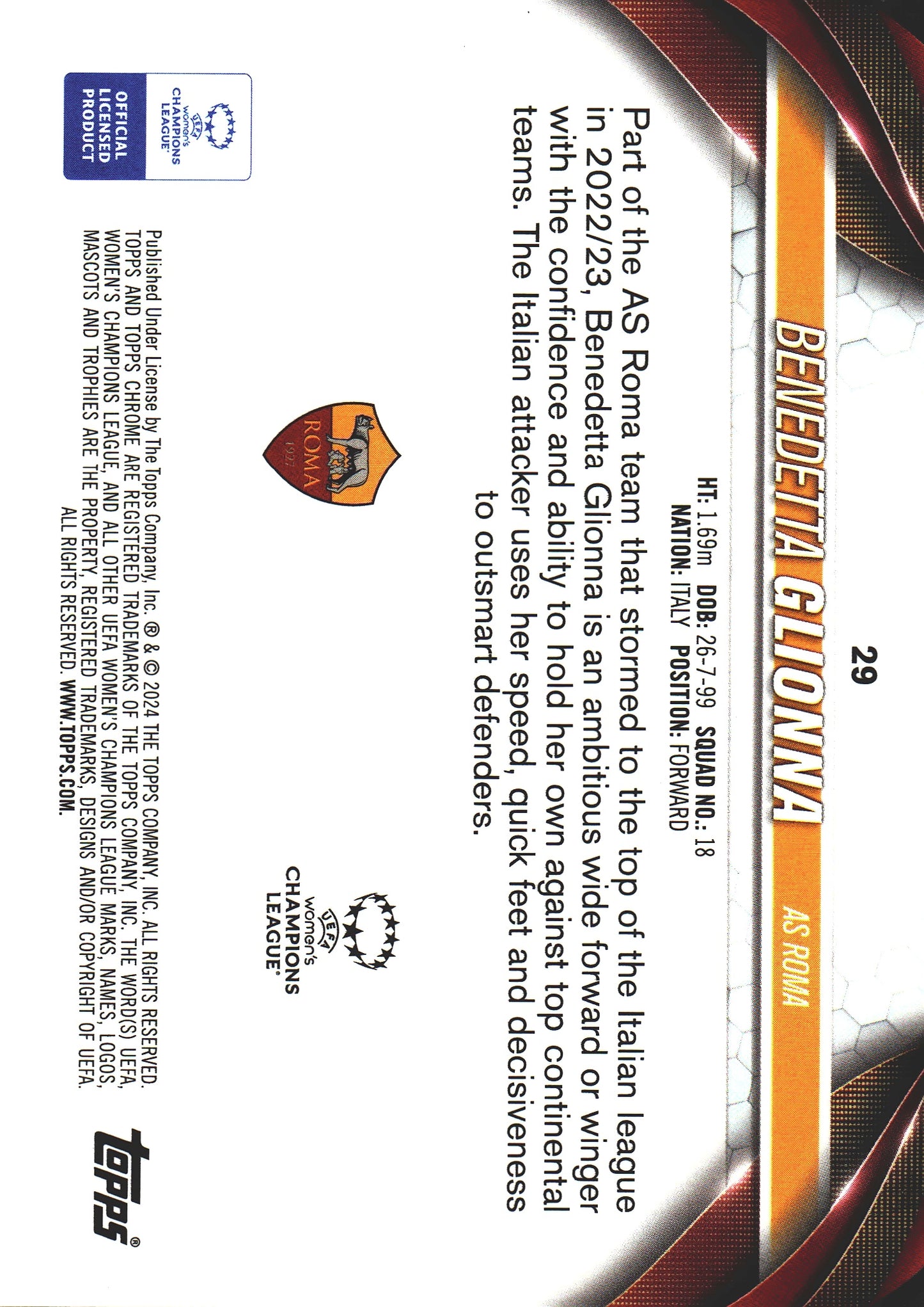 2023 Topps Chrome UCC Women's Benedetta Glionna #29 Roma